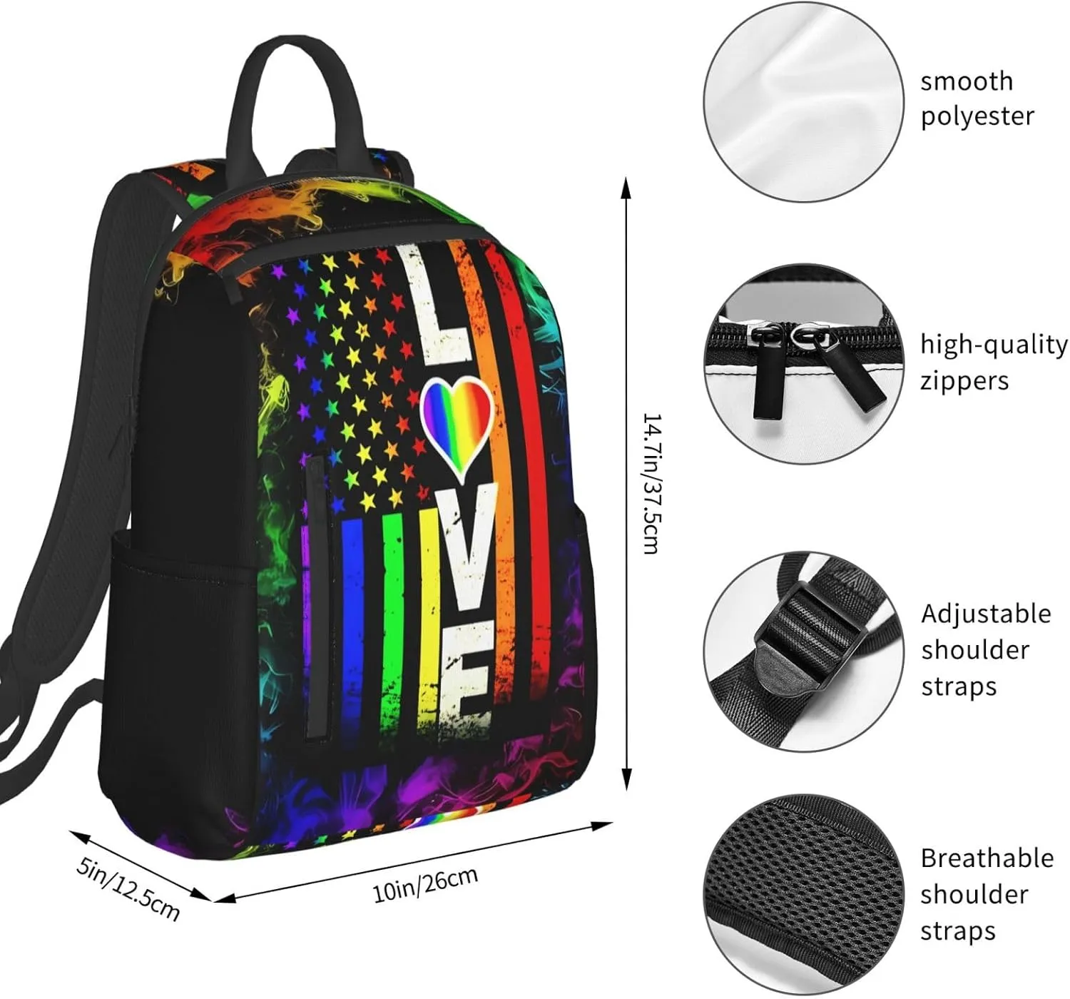 American Love Flag Rainbow Pride Lesbian Equal LGBT Travel Laptop Backpack Casual Backpacks Double Shoulder Daypack Notebook Rucksack Work Bags Sports Bag for Hiking Camping Beach