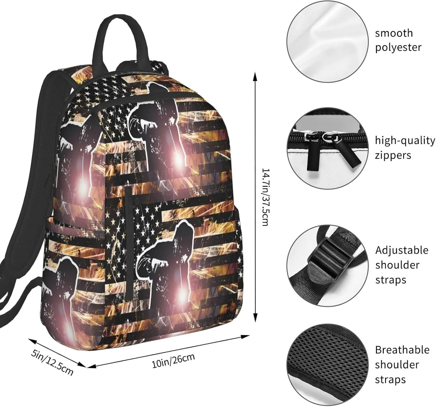 American Welding Flag Sparks and Flames Casual Backpacks Laptop Backpack Outdoor Travel Rucksack Sport Carry-On Daypack Lightweight Bag with Multi-Pockets