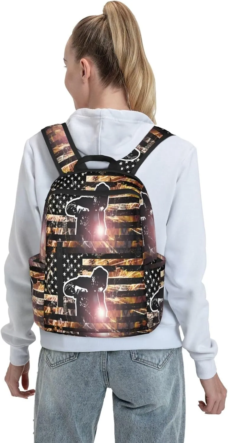 American Welding Flag Sparks and Flames Casual Backpacks Laptop Backpack Outdoor Travel Rucksack Sport Carry-On Daypack Lightweight Bag with Multi-Pockets