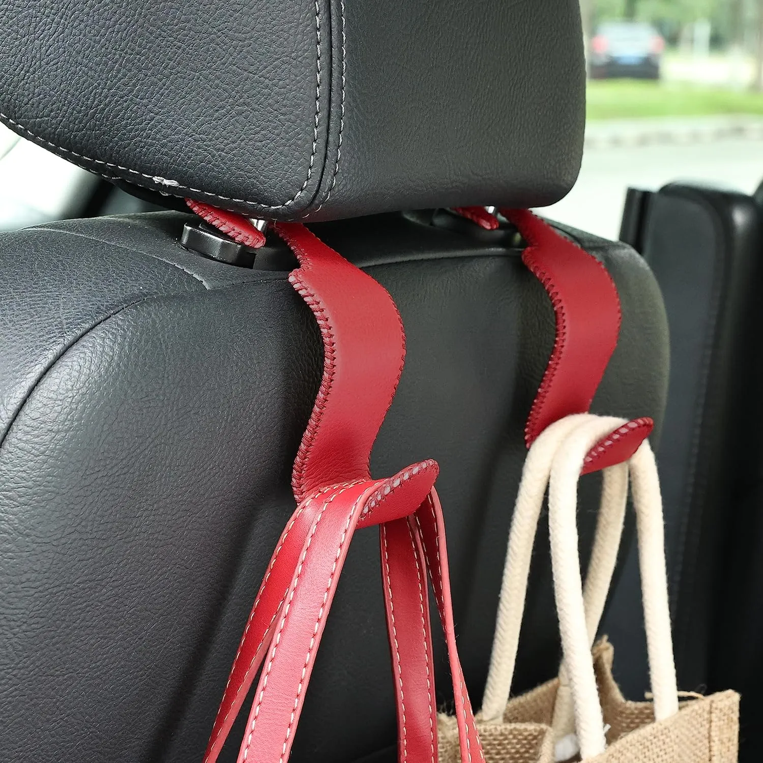 Amooca Car Seat Headrest Hook Universal Vehicle Storage Hanger Leather with Metal Car Seat Back Organizer for Handbag Purse Coat Wine 4 Pack