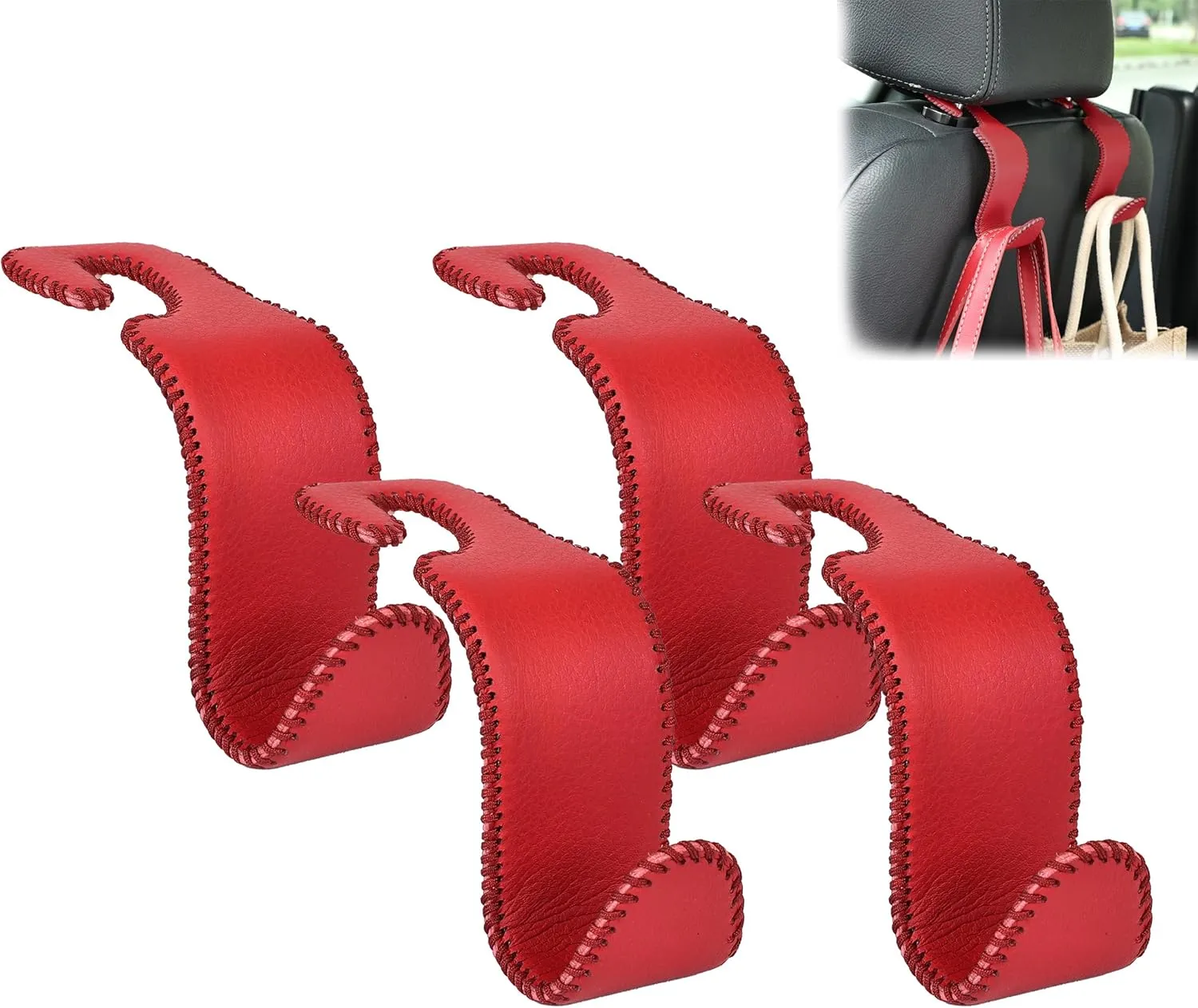Amooca Car Seat Headrest Hook Universal Vehicle Storage Hanger Leather with Metal Car Seat Back Organizer for Handbag Purse Coat Wine 4 Pack