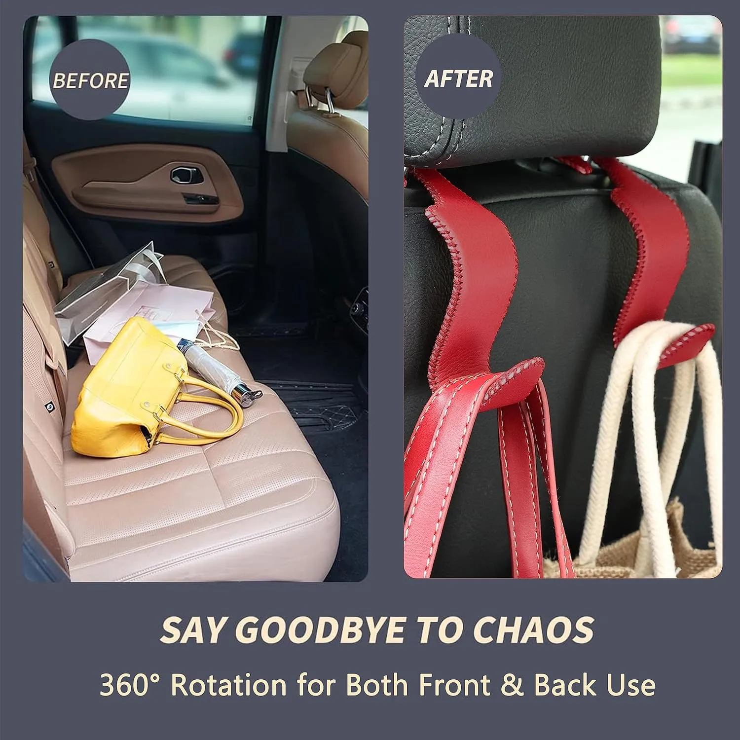 Amooca Car Seat Headrest Hook Universal Vehicle Storage Hanger Leather with Metal Car Seat Back Organizer for Handbag Purse Coat Wine 4 Pack