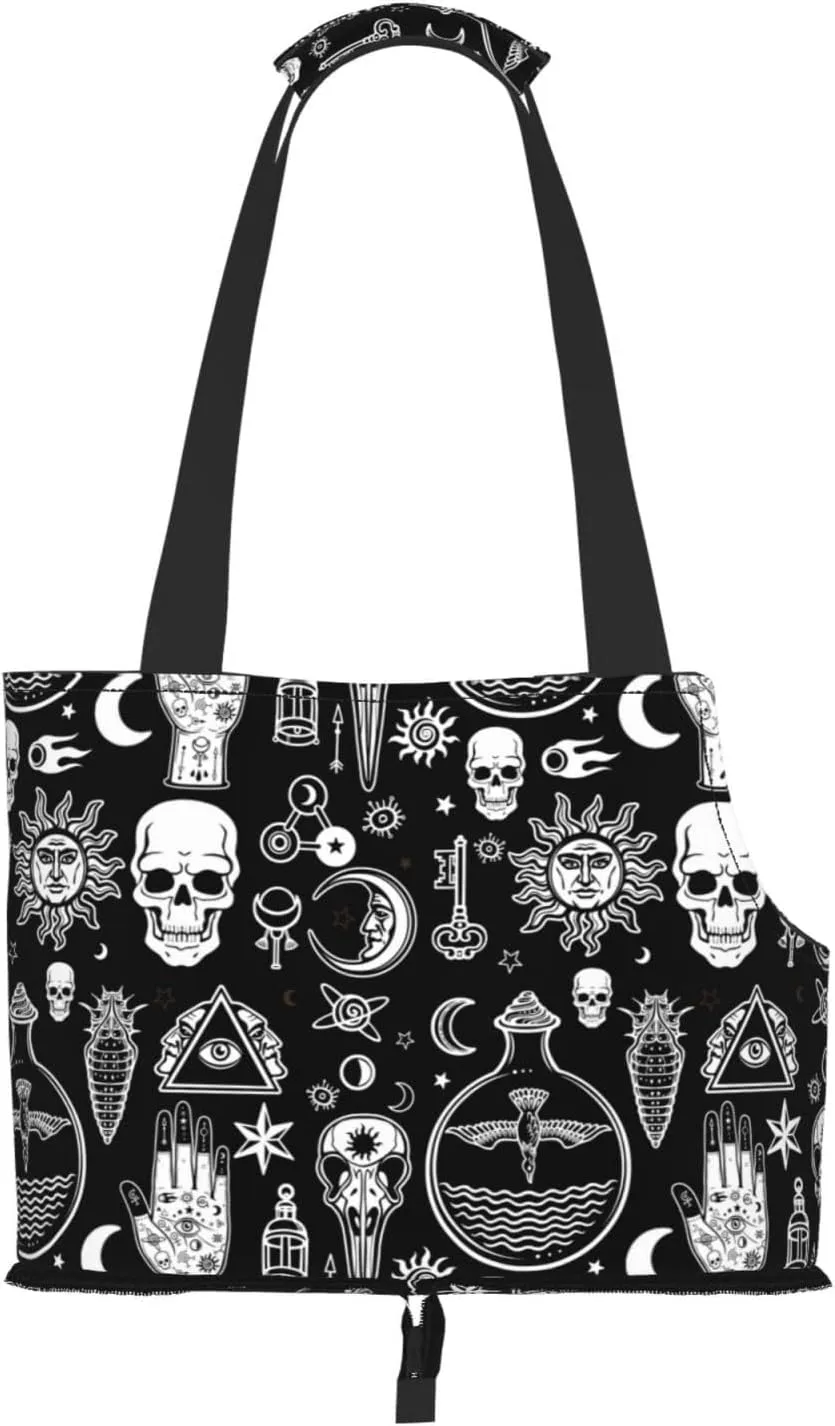 AMRANDOM Halloween Goth Gothic Raven Crow Skull Sun Moon Tattoos Dog Carrier Purse Foldable Waterproof Cloth Dog Carrier Bag Pet Travel Tote Bag with Pockets for Cat and Small Dog