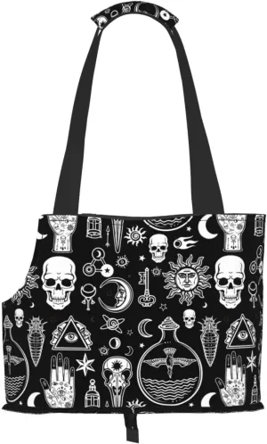 AMRANDOM Halloween Goth Gothic Raven Crow Skull Sun Moon Tattoos Dog Carrier Purse Foldable Waterproof Cloth Dog Carrier Bag Pet Travel Tote Bag with Pockets for Cat and Small Dog