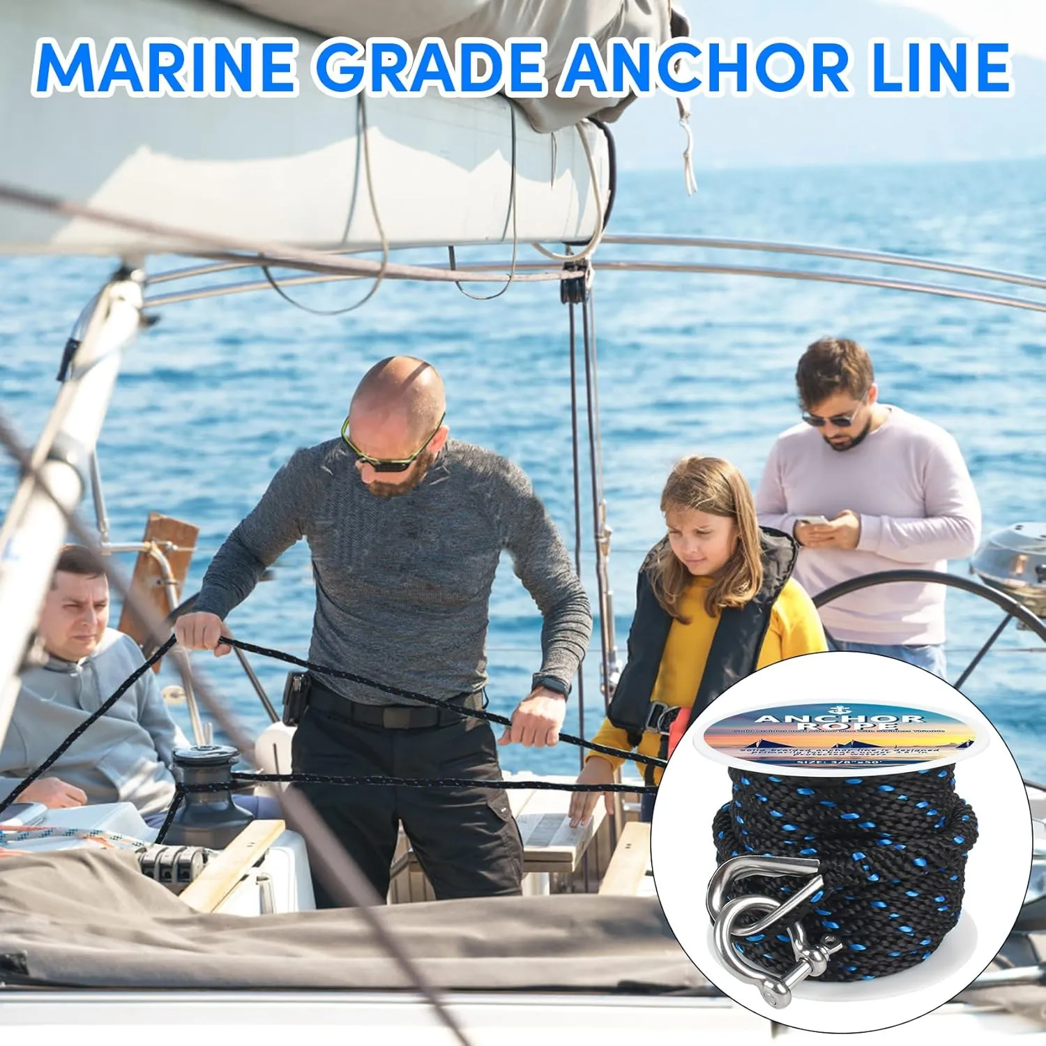 Anchor Rope 50 Ft X 3/8 Inch, Premium Solid Braid MFP Anchor Line, Boat Anchor Rope with Stainless Steel Thimble and Shackle (Black/Blue)
