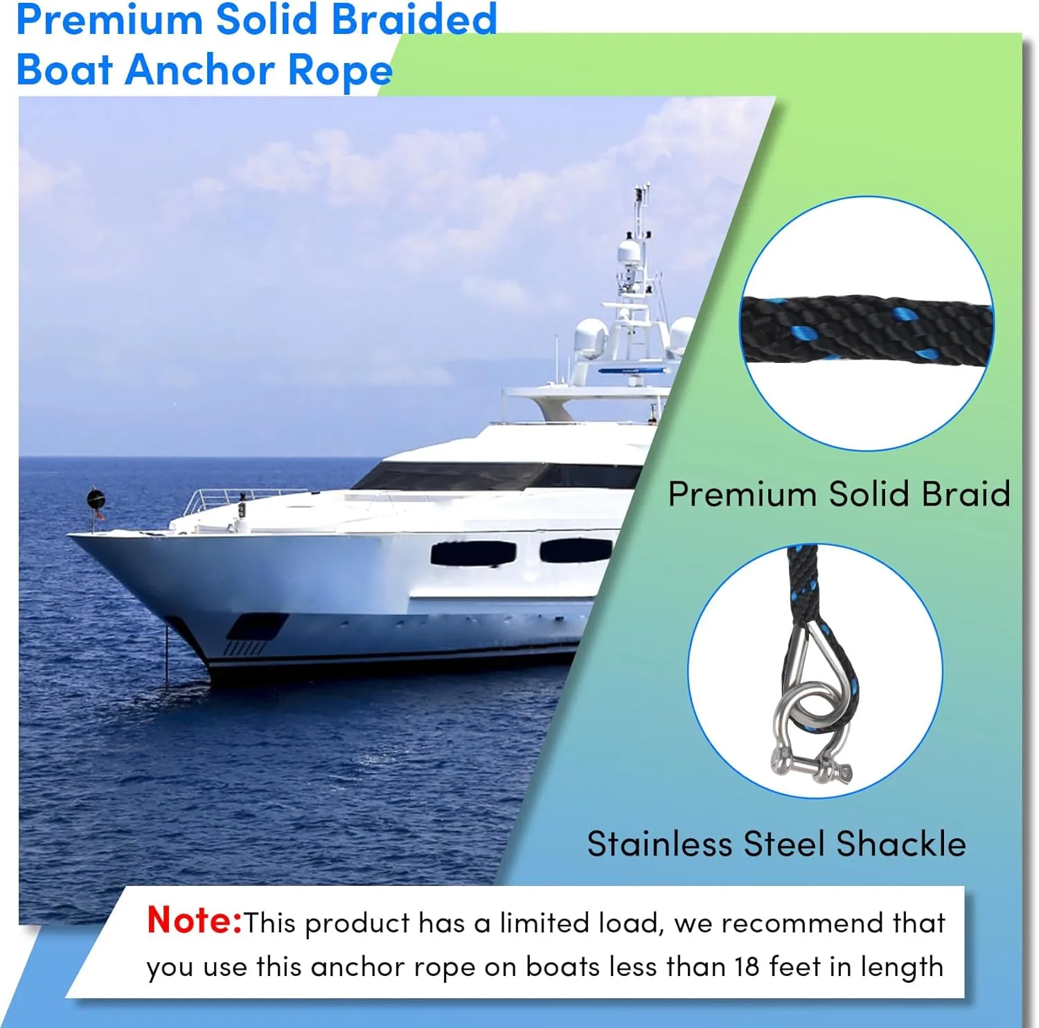 Anchor Rope 50 Ft X 3/8 Inch, Premium Solid Braid MFP Anchor Line, Boat Anchor Rope with Stainless Steel Thimble and Shackle (Black/Blue)