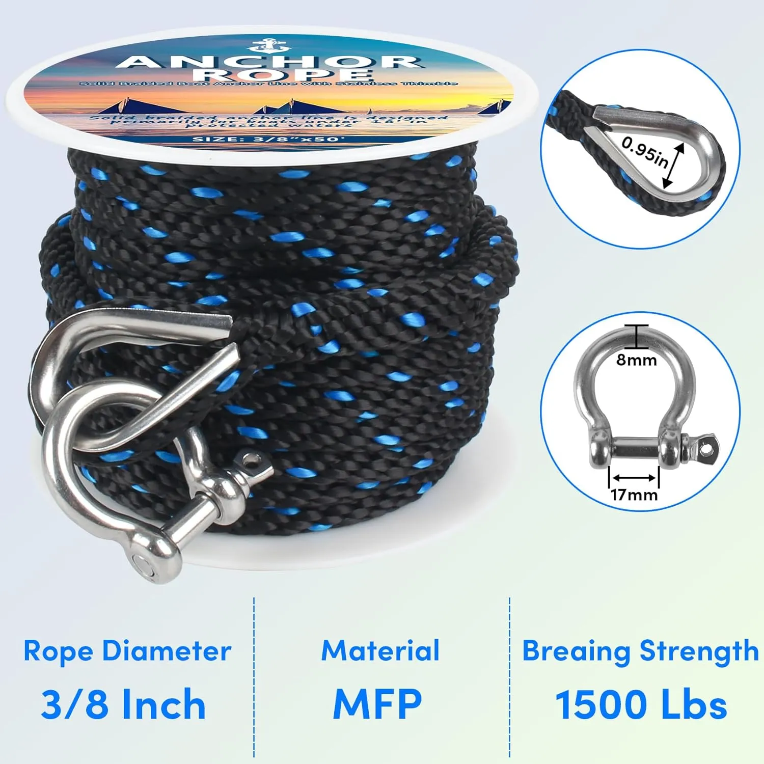 Anchor Rope 50 Ft X 3/8 Inch, Premium Solid Braid MFP Anchor Line, Boat Anchor Rope with Stainless Steel Thimble and Shackle (Black/Blue)