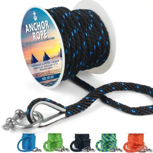 Anchor Rope 50 Ft X 3/8 Inch, Premium Solid Braid MFP Anchor Line, Boat Anchor Rope with Stainless Steel Thimble and Shackle (Black/Blue)