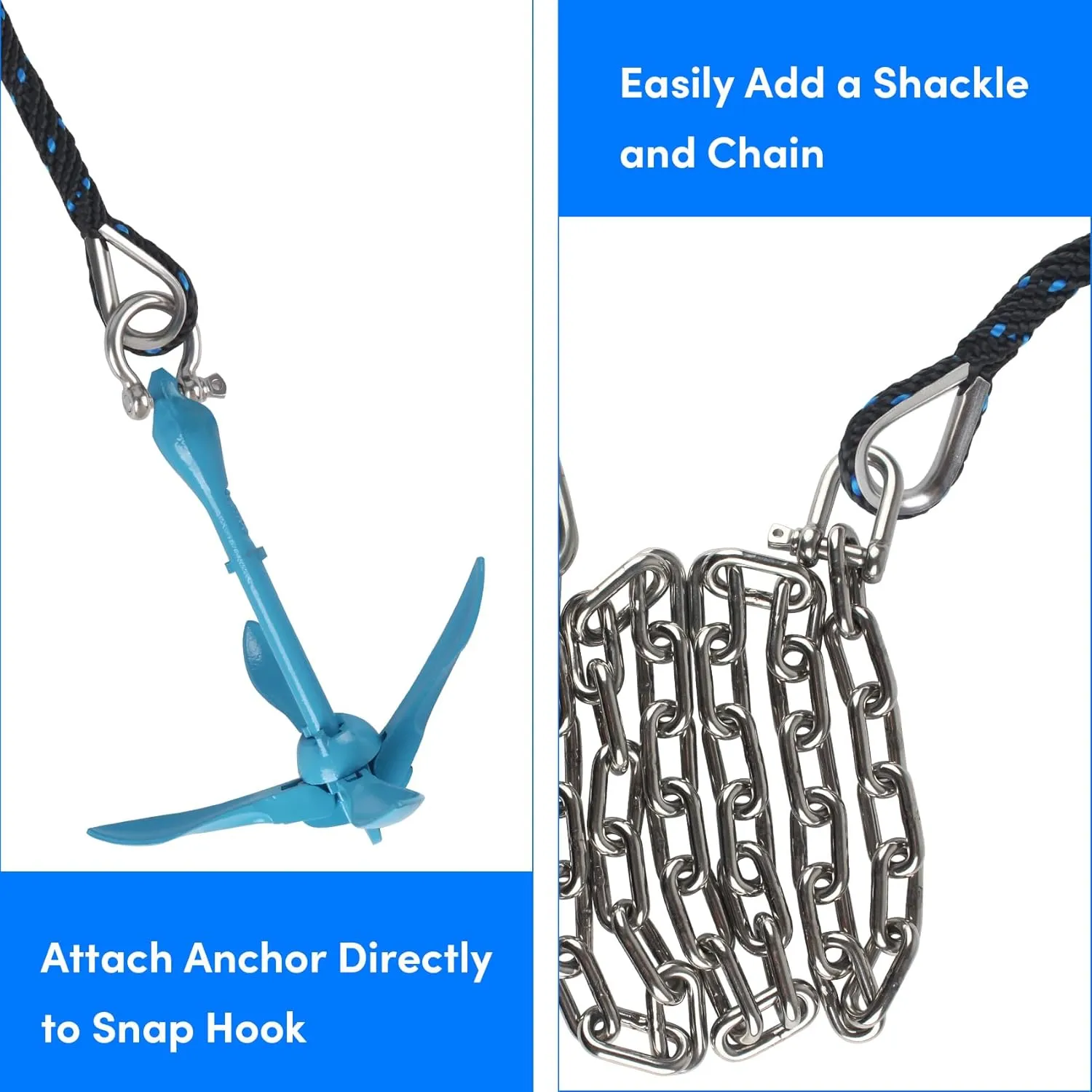 Anchor Rope 50 Ft X 3/8 Inch, Premium Solid Braid MFP Anchor Line, Boat Anchor Rope with Stainless Steel Thimble and Shackle (Black/Blue)