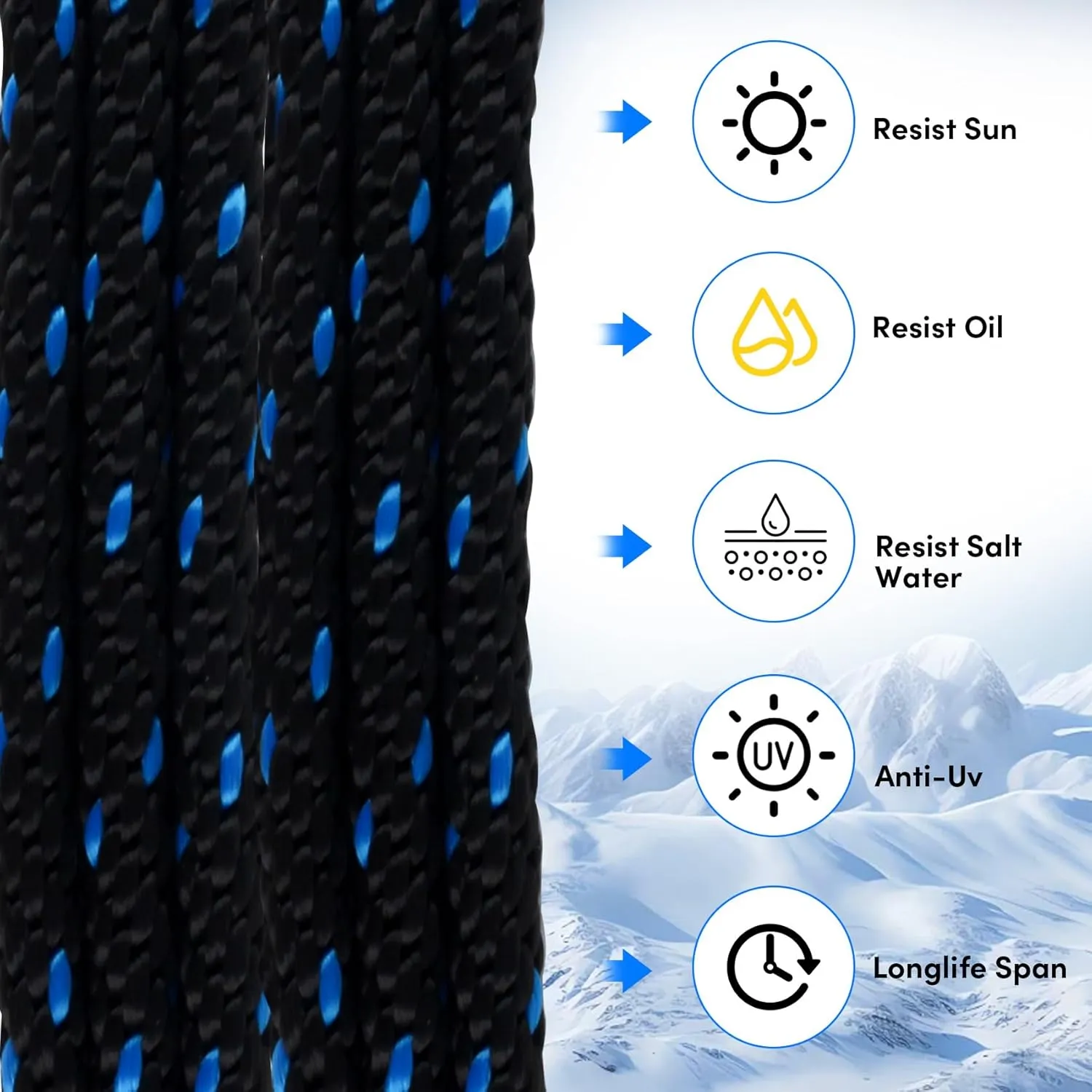 Anchor Rope 50 Ft X 3/8 Inch, Premium Solid Braid MFP Anchor Line, Boat Anchor Rope with Stainless Steel Thimble and Shackle (Black/Blue)