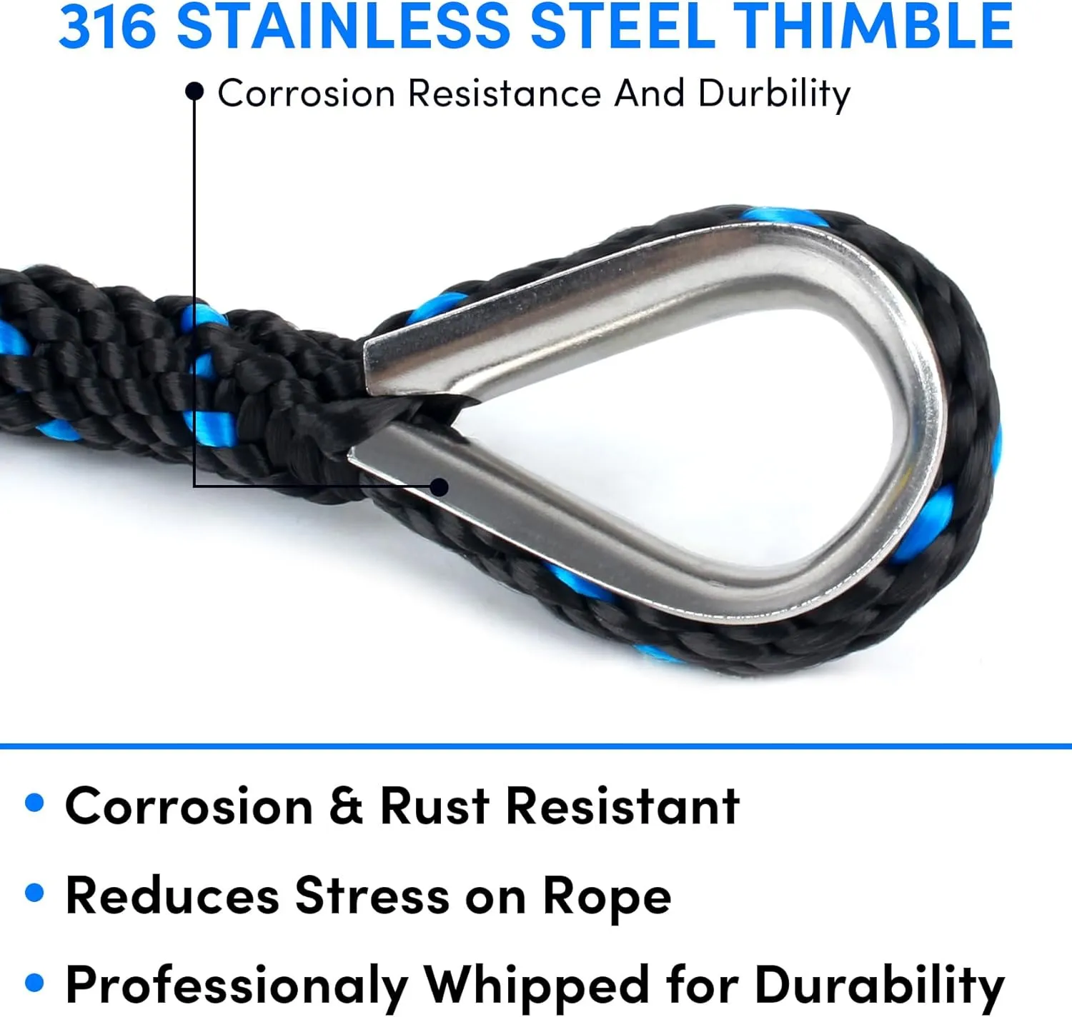 Anchor Rope 50 Ft X 3/8 Inch, Premium Solid Braid MFP Anchor Line, Boat Anchor Rope with Stainless Steel Thimble and Shackle (Black/Blue)