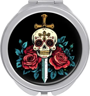 Ancient Sword Skull Compact Makeup Mirror Mini Foldable Cosmetic Mirror Portable Travel Mirror for Purse Pocket