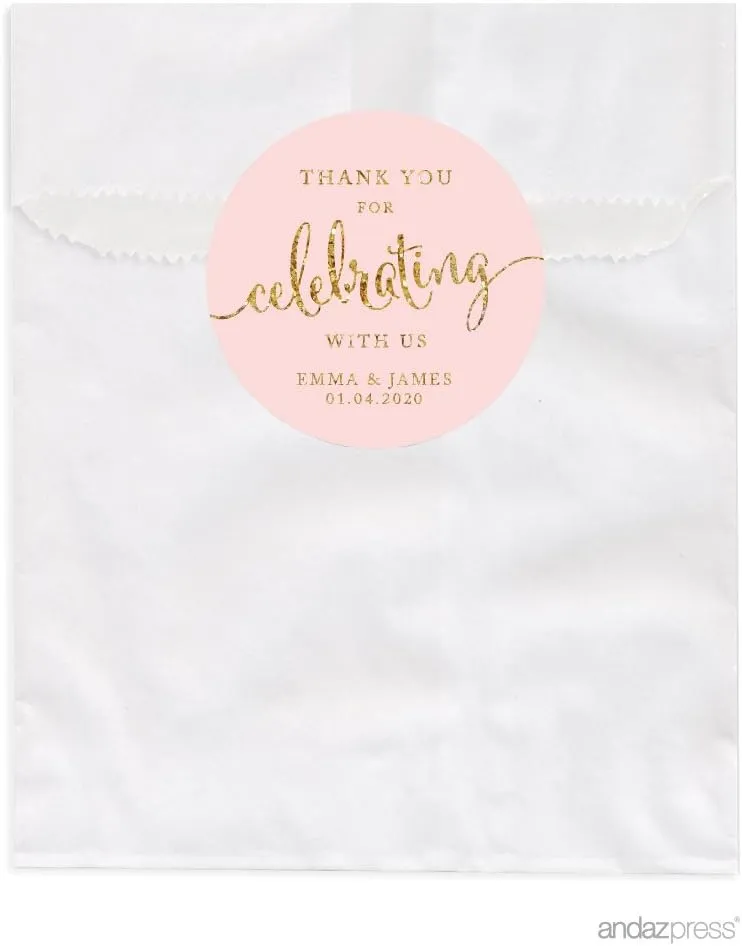 Andaz Press Personalized Dessert Table Party Favor Bags, Thank You for Celebrating With Us, Blush Pink Gold Glitter Print, 24-Pack, Custom For Wedding Baby Shower Graduation Candy Buffet Treat Bags