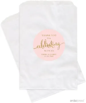 Andaz Press Personalized Dessert Table Party Favor Bags, Thank You for Celebrating With Us, Blush Pink Gold Glitter Print, 24-Pack, Custom For Wedding Baby Shower Graduation Candy Buffet Treat Bags