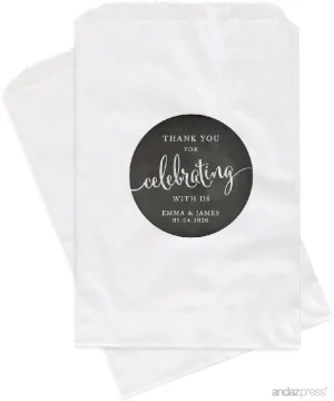 Andaz Press Personalized Dessert Table Party Favor Bags, Thank You for Celebrating With Us, Vintage Chalkboard Print, 24-Pack, Custom For Wedding Baby Shower Graduation Candy Buffet Treat Bags