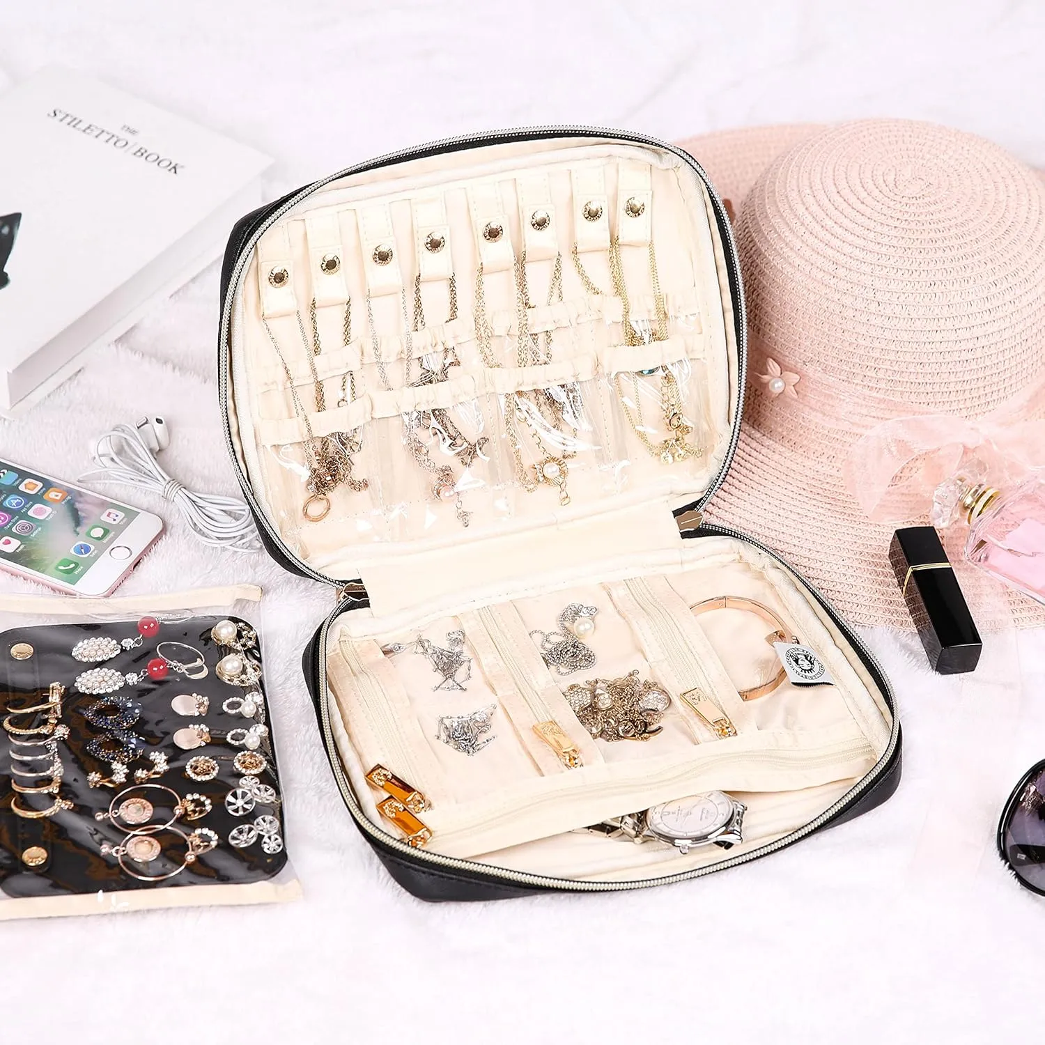 Angelina's Palace Large Jewelry Organizer Case Bridesmaid Gifts Vegan Leather Waterproof Travel Jewelry Storage Bag for Necklace Earring Bracelet Ring(black)