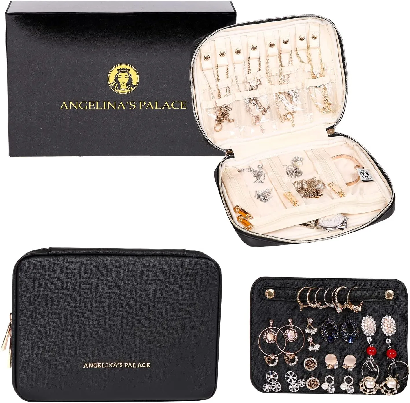 Angelina's Palace Large Jewelry Organizer Case Bridesmaid Gifts Vegan Leather Waterproof Travel Jewelry Storage Bag for Necklace Earring Bracelet Ring(black)