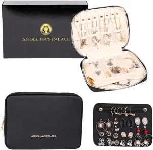 Angelina's Palace Large Jewelry Organizer Case Bridesmaid Gifts Vegan Leather Waterproof Travel Jewelry Storage Bag for Necklace Earring Bracelet Ring(black)