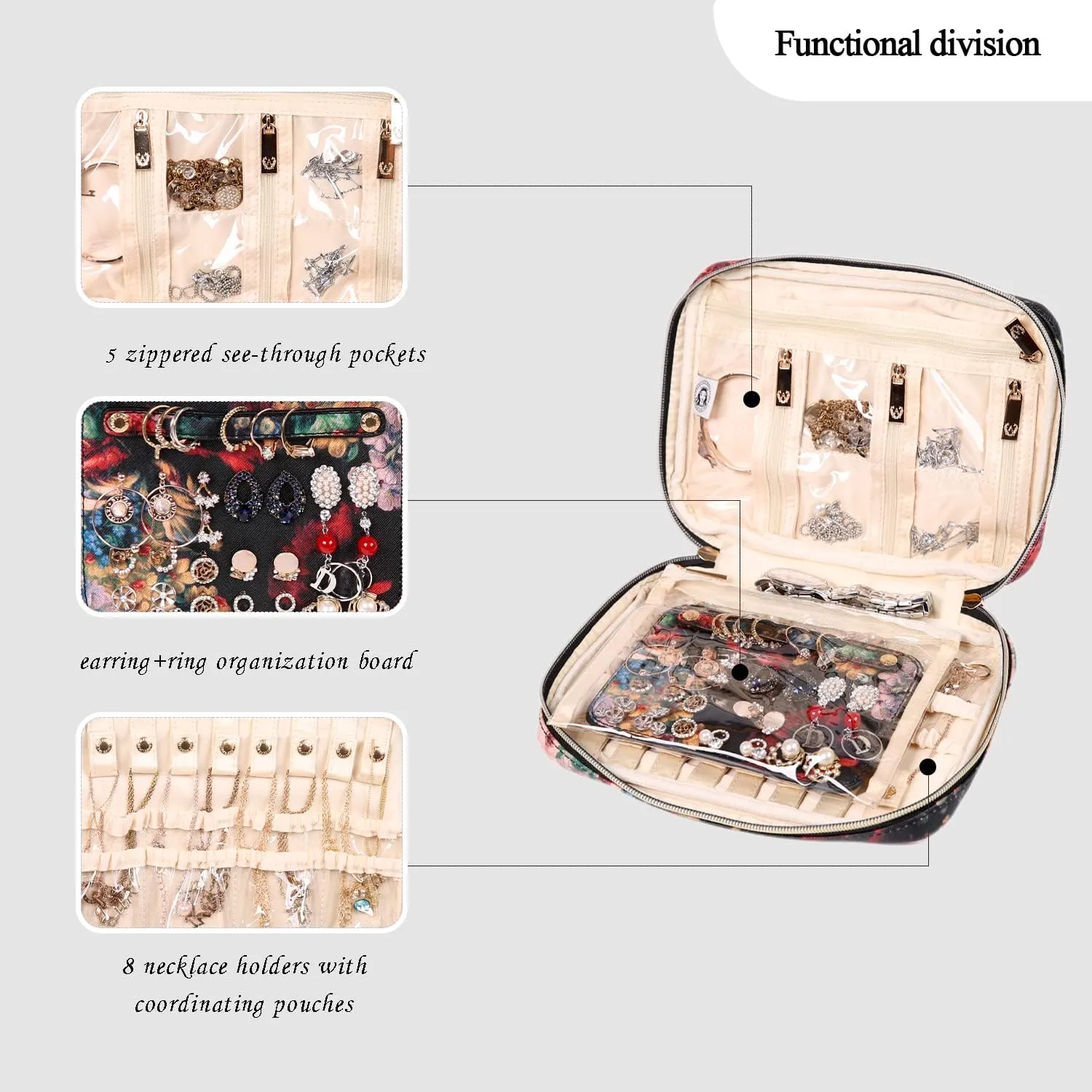 Angelina's Palace Large Jewelry Organizer Case Bridesmaid Gifts Vegan Leather Waterproof Travel Jewelry Storage Bag for Necklace Earring Bracelet Ring(blossom victorian)