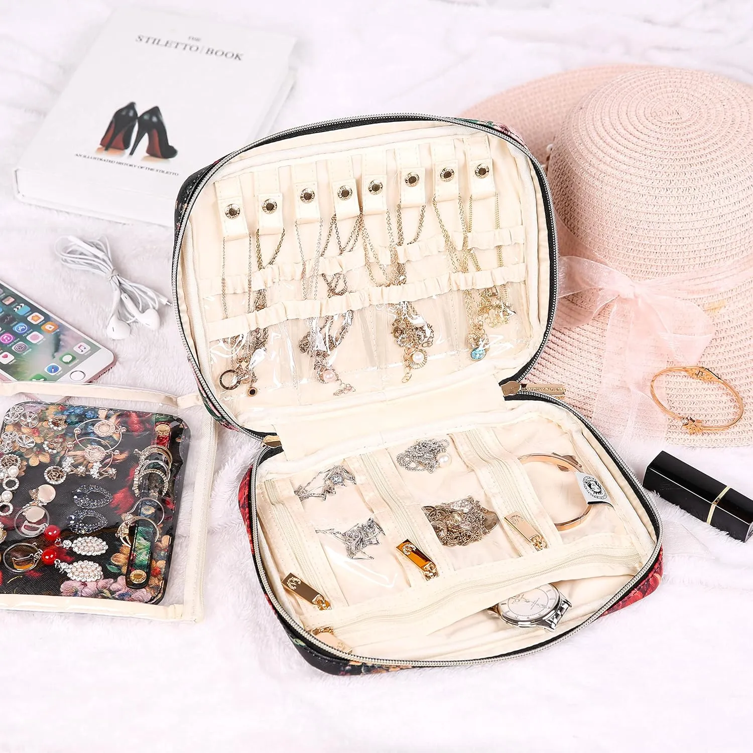 Angelina's Palace Large Jewelry Organizer Case Bridesmaid Gifts Vegan Leather Waterproof Travel Jewelry Storage Bag for Necklace Earring Bracelet Ring(blossom victorian)