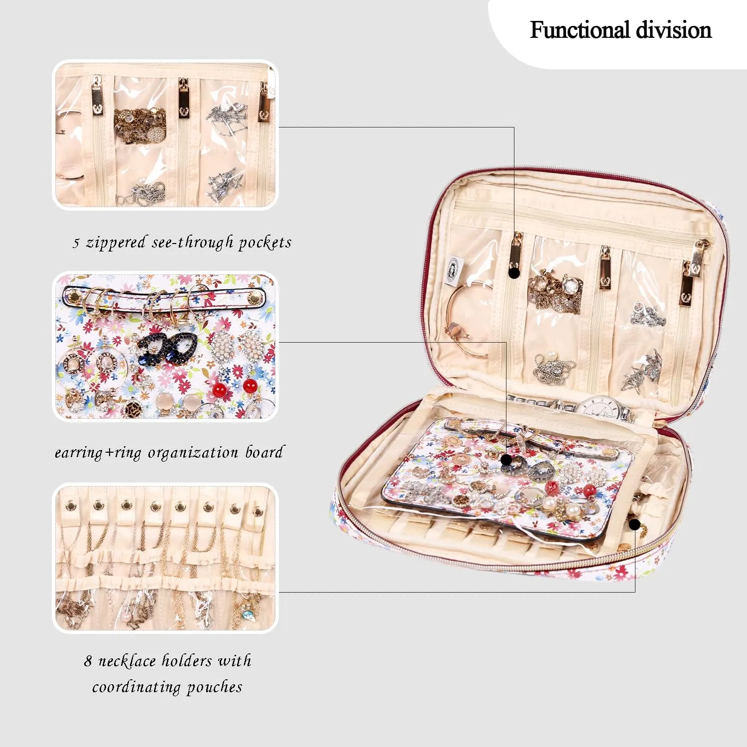 Angelina's Palace Large Jewelry Organizer Case Bridesmaid Gifts Vegan Leather Waterproof Travel Jewelry Storage Bag for Necklace Earring Bracelet Ring(blossom wine)