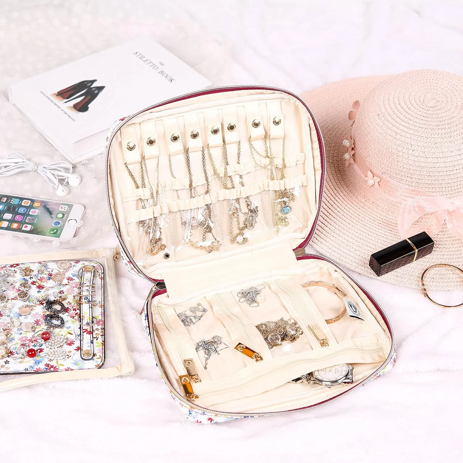 Angelina's Palace Large Jewelry Organizer Case Bridesmaid Gifts Vegan Leather Waterproof Travel Jewelry Storage Bag for Necklace Earring Bracelet Ring(blossom wine)