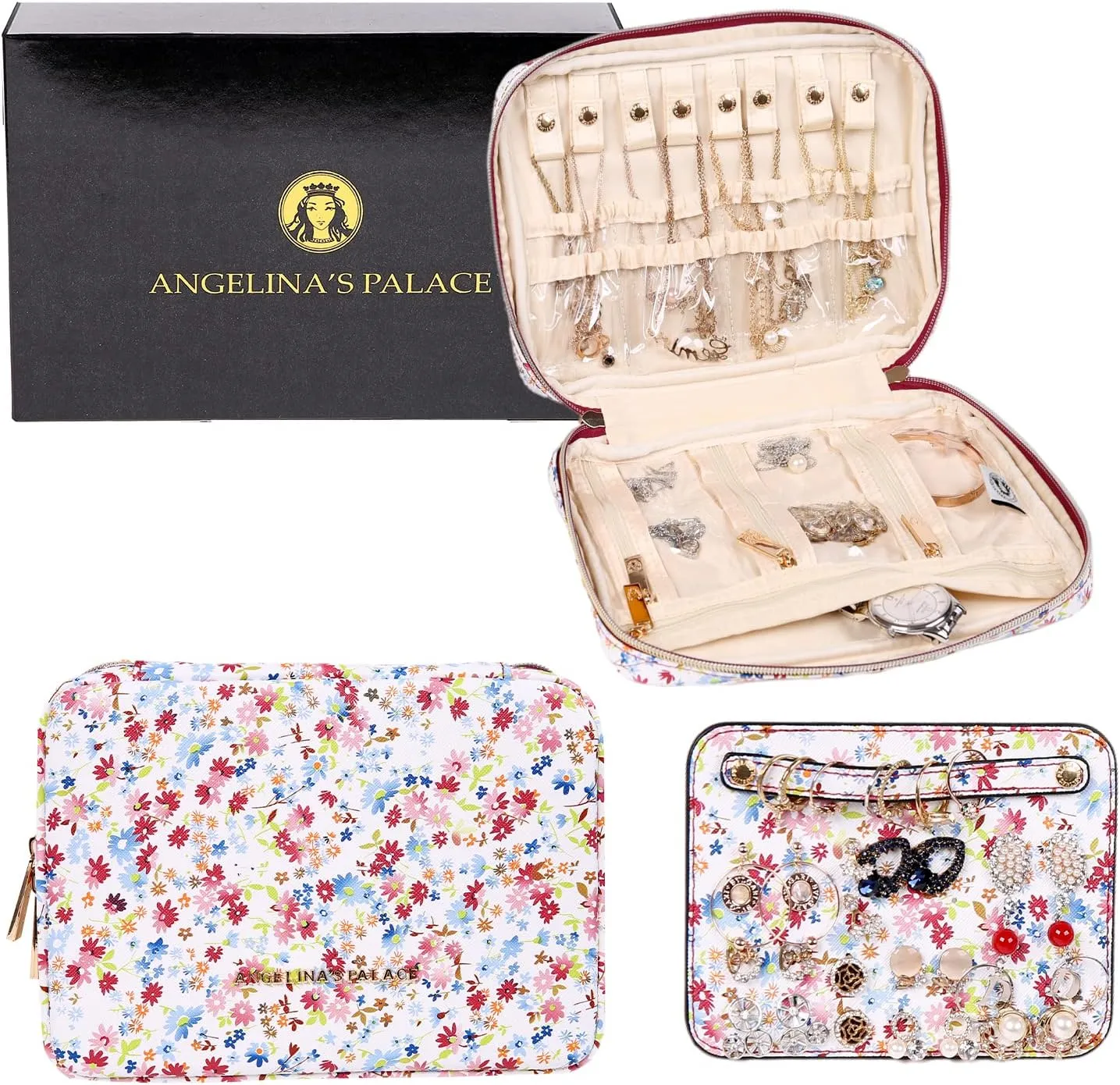 Angelina's Palace Large Jewelry Organizer Case Bridesmaid Gifts Vegan Leather Waterproof Travel Jewelry Storage Bag for Necklace Earring Bracelet Ring(blossom wine)