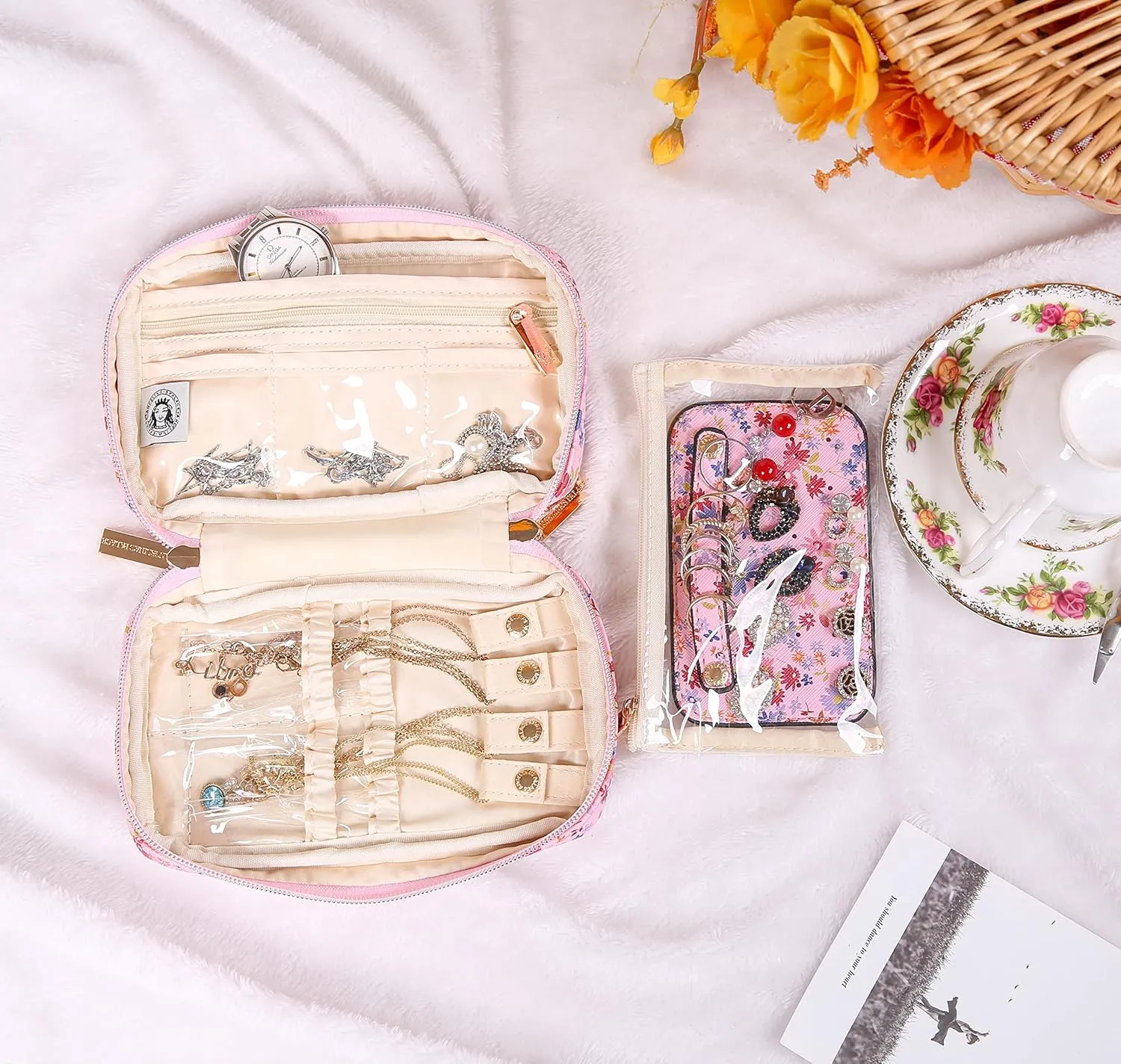 Angelina's Palace Small Waterproof Jewelry Organizer Case Vegan Leather Travel Storage Bag Bridesmaid Gifts for Necklace Earring Bracelet Ring(blossom pink)