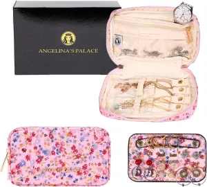 Angelina's Palace Small Waterproof Jewelry Organizer Case Vegan Leather Travel Storage Bag Bridesmaid Gifts for Necklace Earring Bracelet Ring(blossom pink)