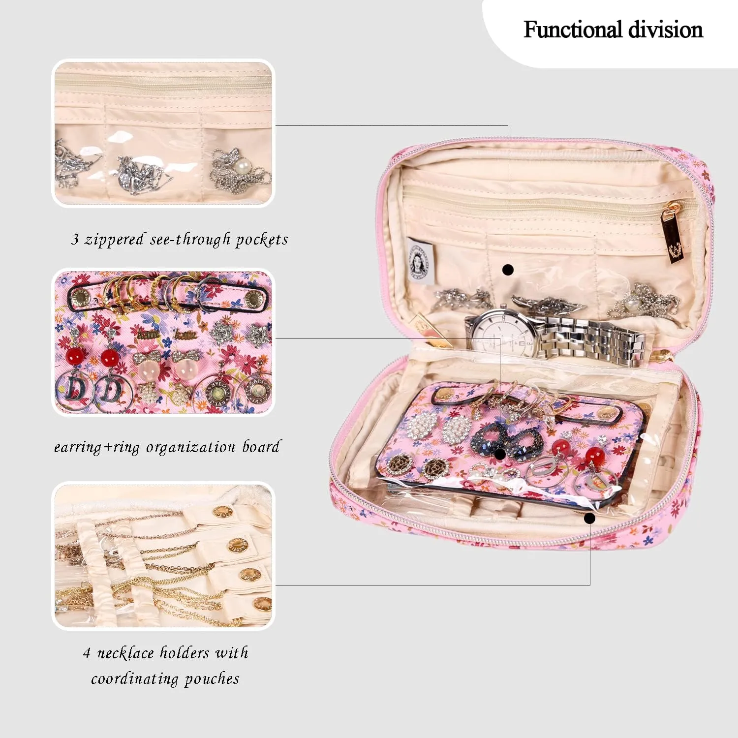Angelina's Palace Small Waterproof Jewelry Organizer Case Vegan Leather Travel Storage Bag Bridesmaid Gifts for Necklace Earring Bracelet Ring(blossom pink)