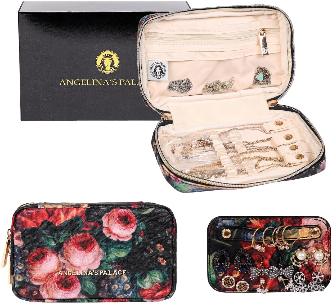 Angelina's Palace Small Waterproof Jewelry Organizer Case Vegan Leather Travel Storage Bag Bridesmaid Gifts for Necklace Earring Bracelet Ring(blossom victorian)