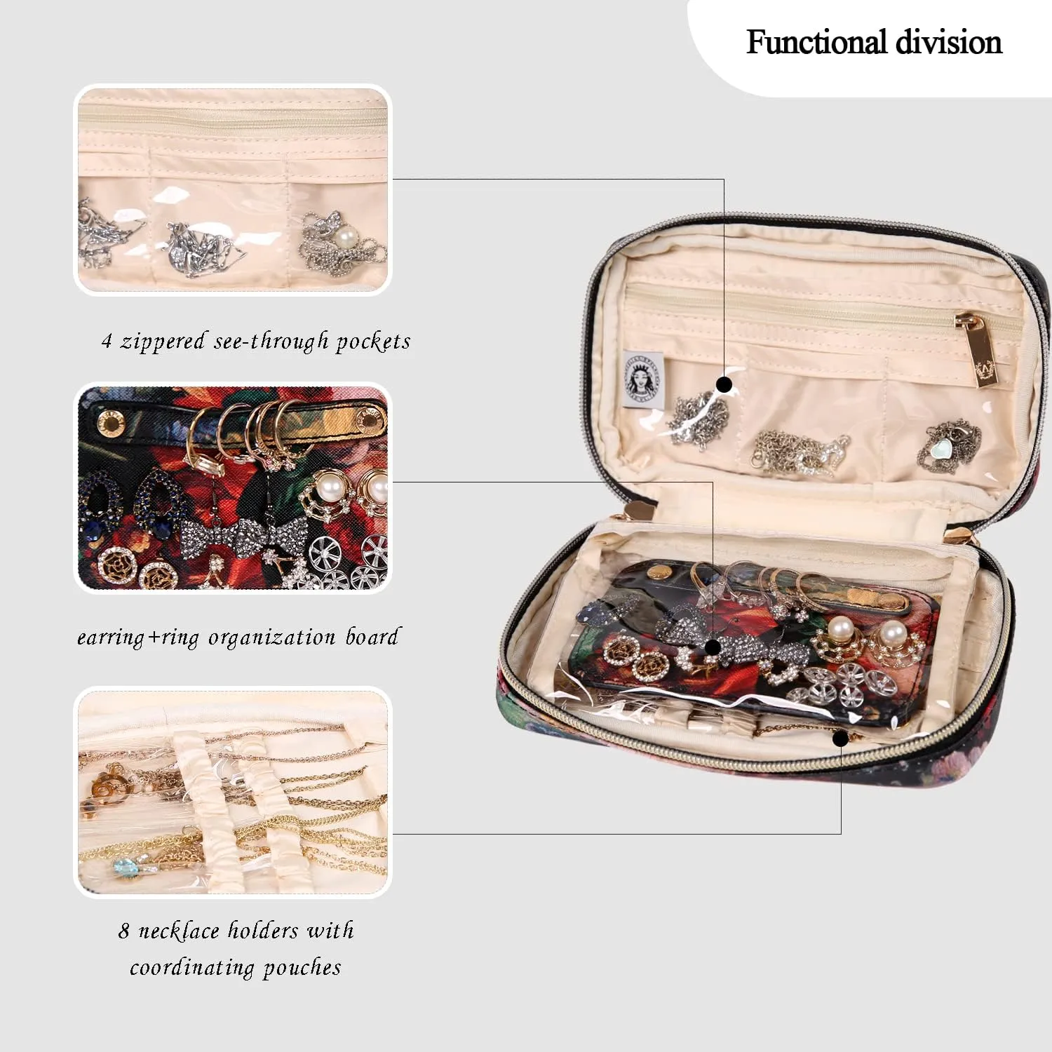 Angelina's Palace Small Waterproof Jewelry Organizer Case Vegan Leather Travel Storage Bag Bridesmaid Gifts for Necklace Earring Bracelet Ring(blossom victorian)