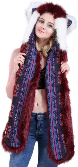 Animal Hat Faux Fur Hood Scarf Full Pockets Ear Flat Cap Hoodie Furry Gloves Party Costume (Fox 02)