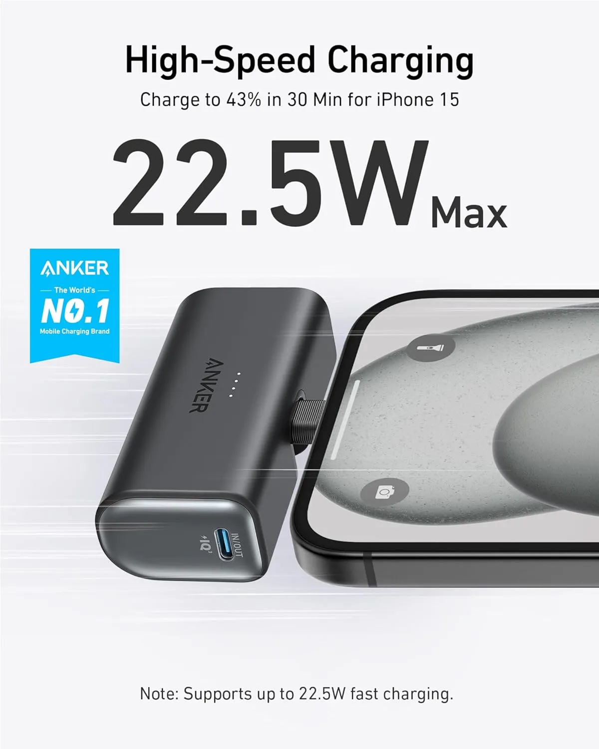 Anker Nano Power Bank with Built-in USB-C Connector, 5,000mAh Portable Charger 22.5W, for iPhone 16/15 Series, Samsung, iPad Pro/Air, and More