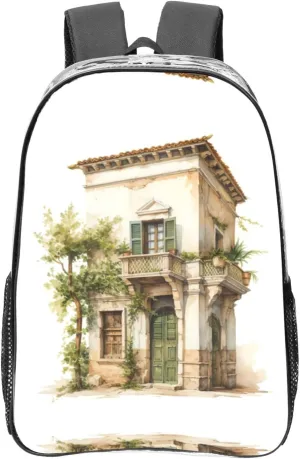 Antique Building with Roman Olive Branch and Greek Print Large Clear PVC Backpack Men Women Suitable Bag Stadium Event Outdoor Sport Travel