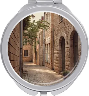 Architecture Streets Houses Travel Makeup Mirror, 1x/2x Magnification, Portable Pocket Mirror for Purse Round Mini Cosmetic Compact Mirror Cute Handbag Mirror