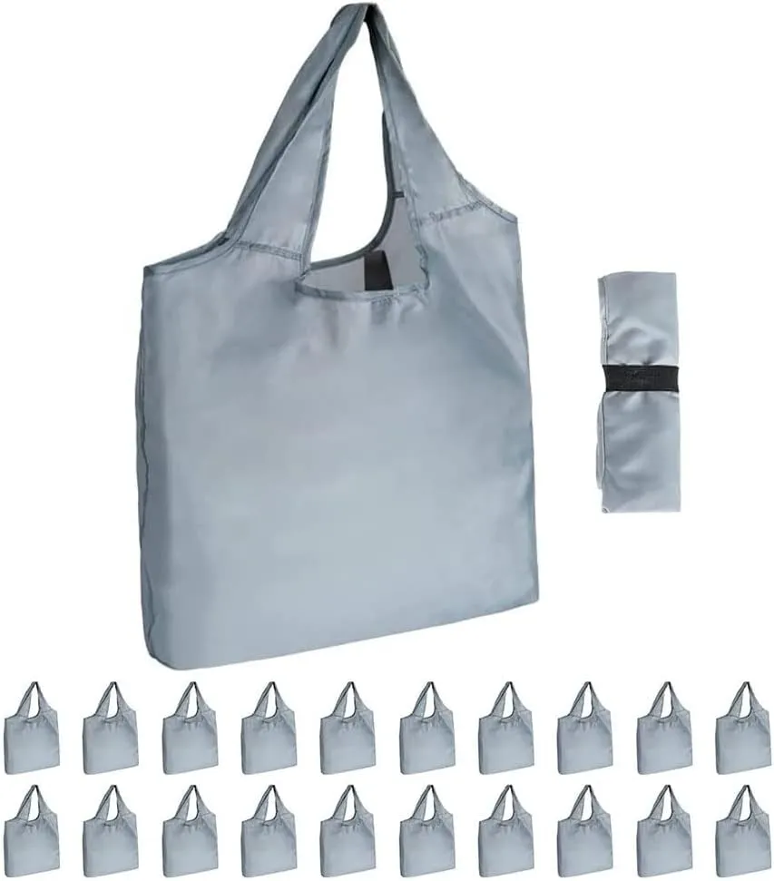 Aricsen 20 Pack 15x4.5x15 Inch Grey Reusable Shopping Bags with Handles Bulk, Foldable Xlarge Grocery Bags Heavy Duty 50 LBS Machine Washable for Pocket Nylon Tote, Polyester Fabric Cloth