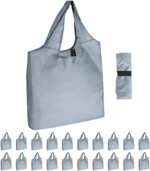 Aricsen 20 Pack 15x4.5x15 Inch Grey Reusable Shopping Bags with Handles Bulk, Foldable Xlarge Grocery Bags Heavy Duty 50 LBS Machine Washable for Pocket Nylon Tote, Polyester Fabric Cloth