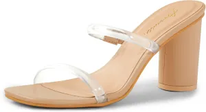 Arromic Women's Heeled Sandals Square Toe Two Strap Block Heels for Women Comfortable Strappy Heels Slip on Heeled Sandals for Women Dressy