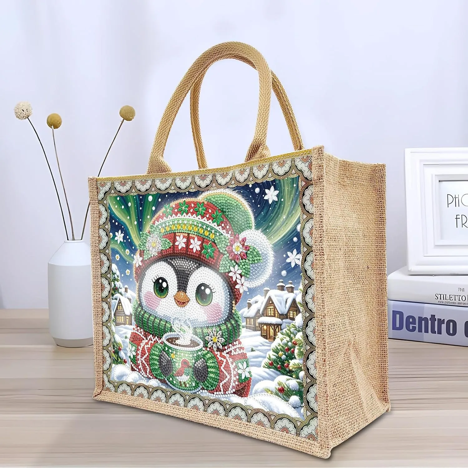 ARTopet 2Pcs DIY Diamond Art Painting Bags Christmas Handbag Handmade Shopping Tote Bags with Canvas Pattern Reusable Grocery Bag for Women Art Craft Gift-01
