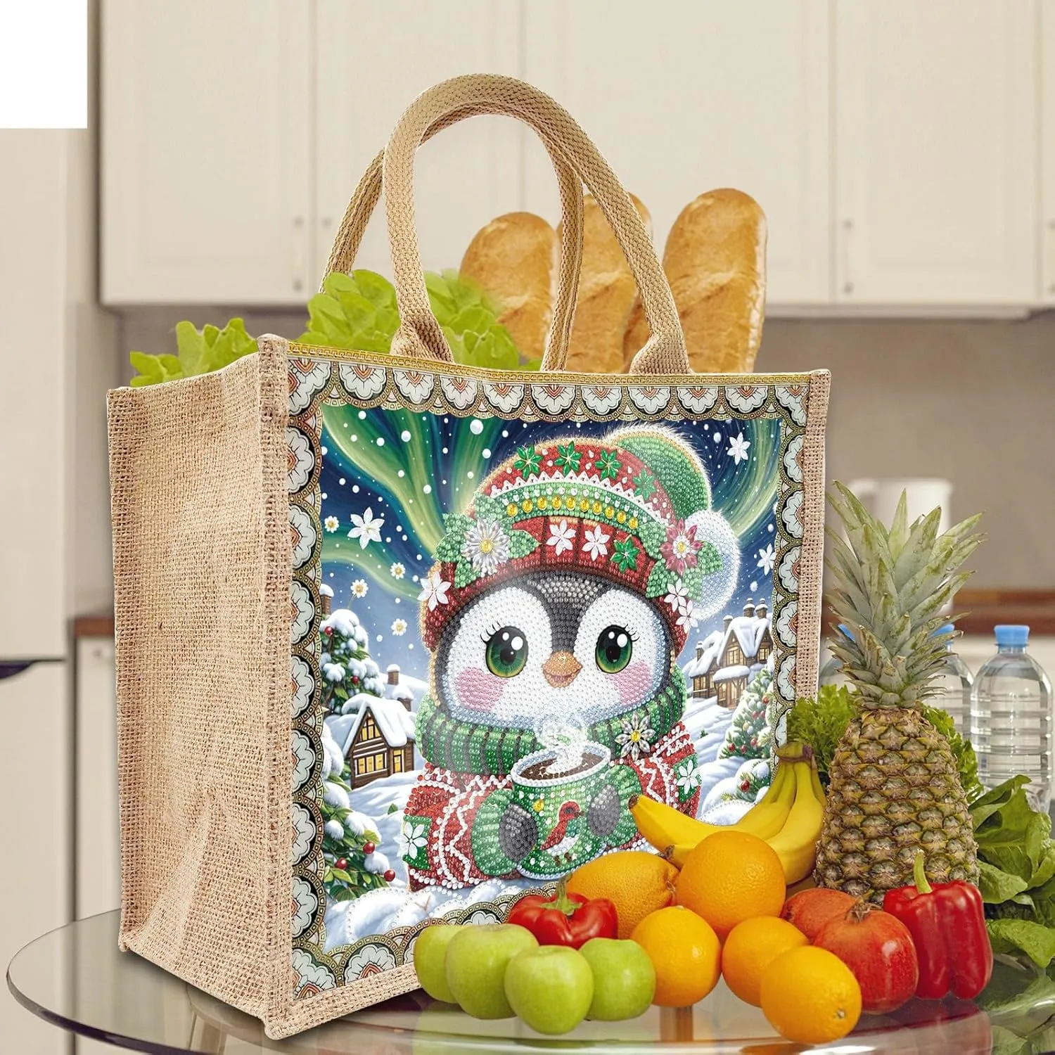 ARTopet 2Pcs DIY Diamond Art Painting Bags Christmas Handbag Handmade Shopping Tote Bags with Canvas Pattern Reusable Grocery Bag for Women Art Craft Gift-01