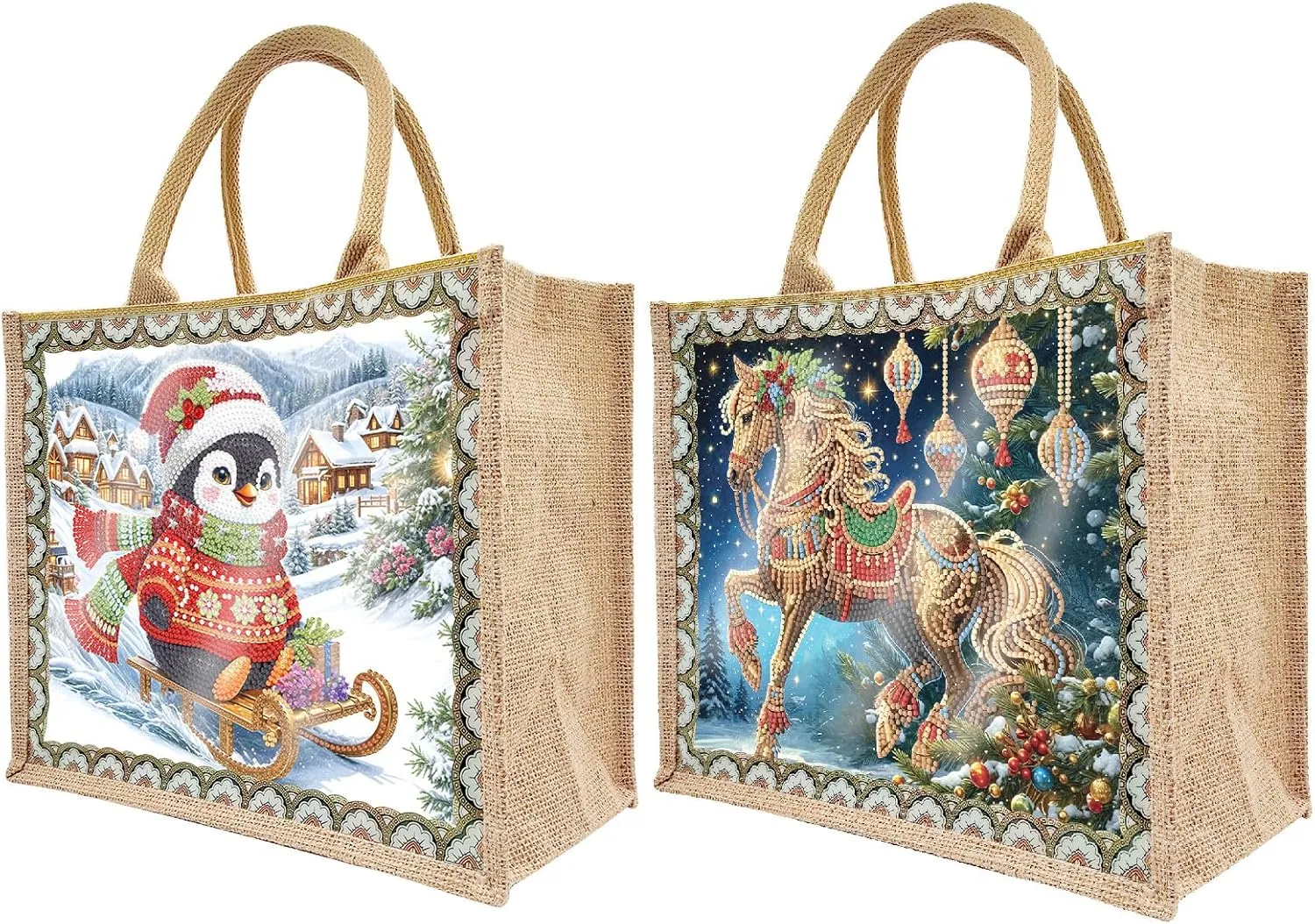 ARTopet 2Pcs DIY Diamond Art Painting Bags Christmas Handbag Handmade Shopping Tote Bags with Canvas Pattern Reusable Grocery Bag for Women Art Craft Gift-02
