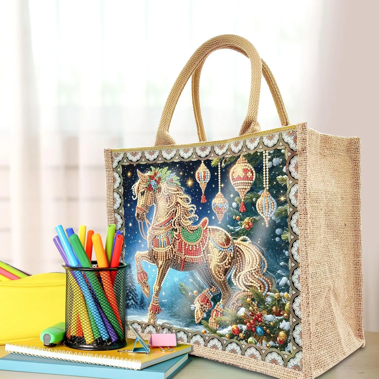 ARTopet 2Pcs DIY Diamond Art Painting Bags Christmas Handbag Handmade Shopping Tote Bags with Canvas Pattern Reusable Grocery Bag for Women Art Craft Gift-02