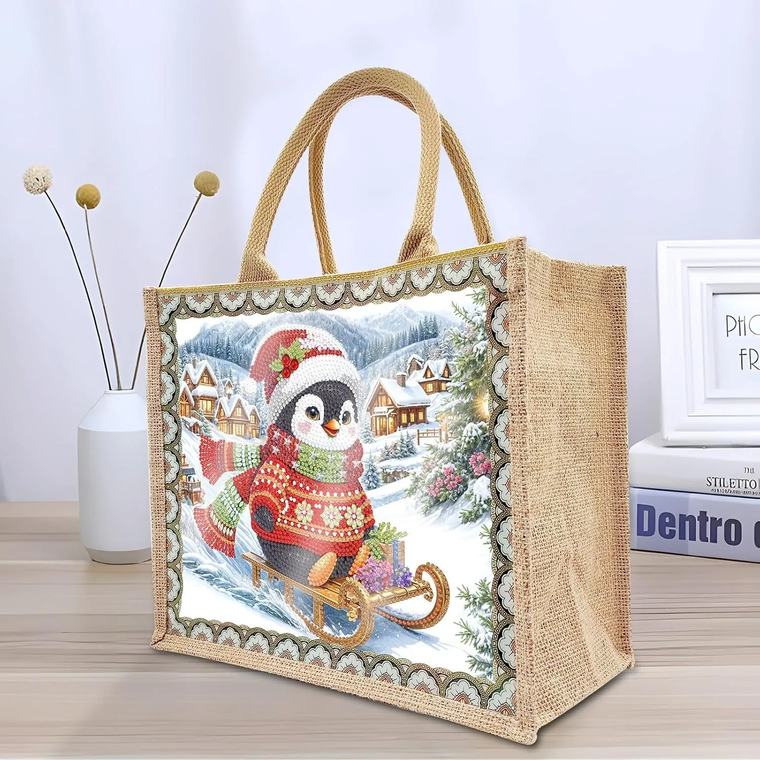ARTopet 2Pcs DIY Diamond Art Painting Bags Christmas Handbag Handmade Shopping Tote Bags with Canvas Pattern Reusable Grocery Bag for Women Art Craft Gift-02