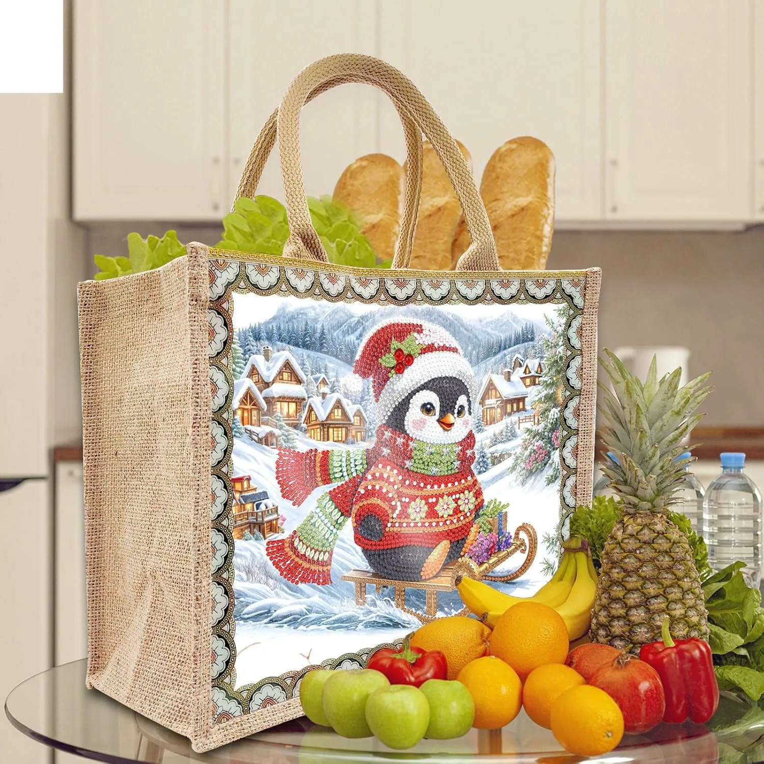 ARTopet 2Pcs DIY Diamond Art Painting Bags Christmas Handbag Handmade Shopping Tote Bags with Canvas Pattern Reusable Grocery Bag for Women Art Craft Gift-02