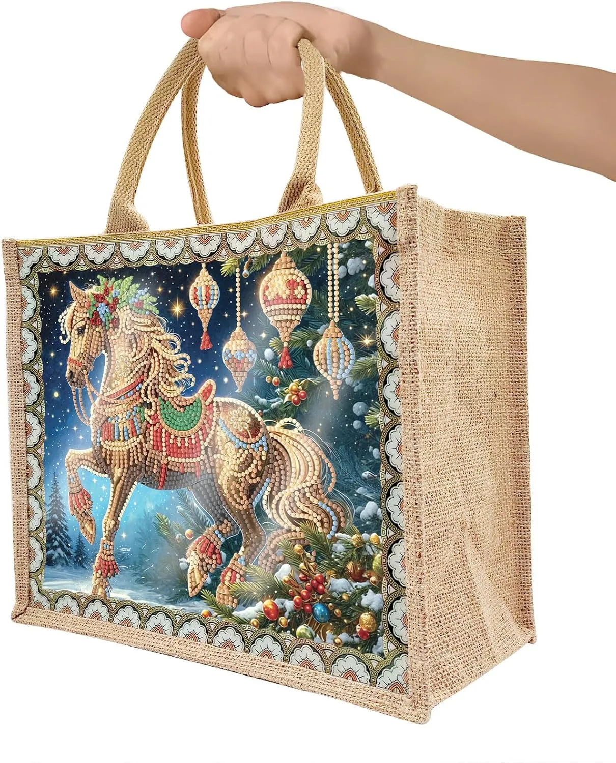 ARTopet 2Pcs DIY Diamond Art Painting Bags Christmas Handbag Handmade Shopping Tote Bags with Canvas Pattern Reusable Grocery Bag for Women Art Craft Gift-02