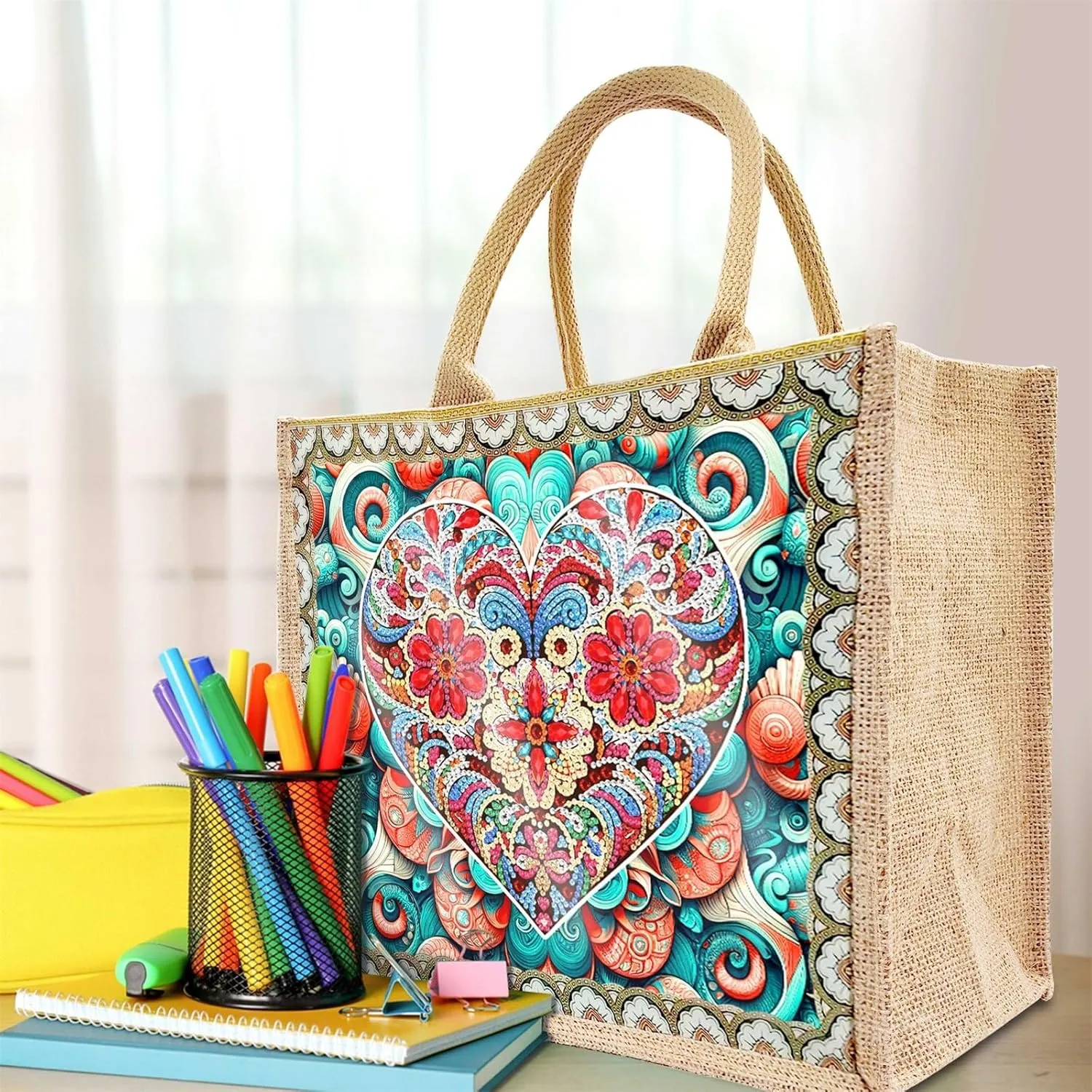 ARTopet 2Pcs DIY Diamond Art Painting Bags Mandala Handbag Handmade Shopping Tote Bags Replaceable Canvas Pattern Reusable Grocery Bag for Women Art Craft Gift-Love Flower