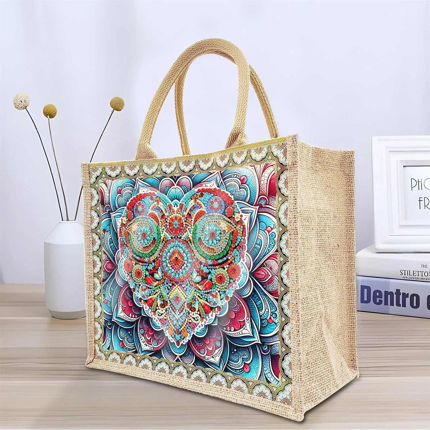 ARTopet 2Pcs DIY Diamond Art Painting Bags Mandala Handbag Handmade Shopping Tote Bags Replaceable Canvas Pattern Reusable Grocery Bag for Women Art Craft Gift-Love Flower