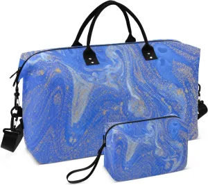 Aslsiy Travel Duffel Bags for Women Blue Golden Marble Texture Weekender Bags Sports Duffel Bags Gym Bag with Toiletry Bag Carry on Overnight Bag