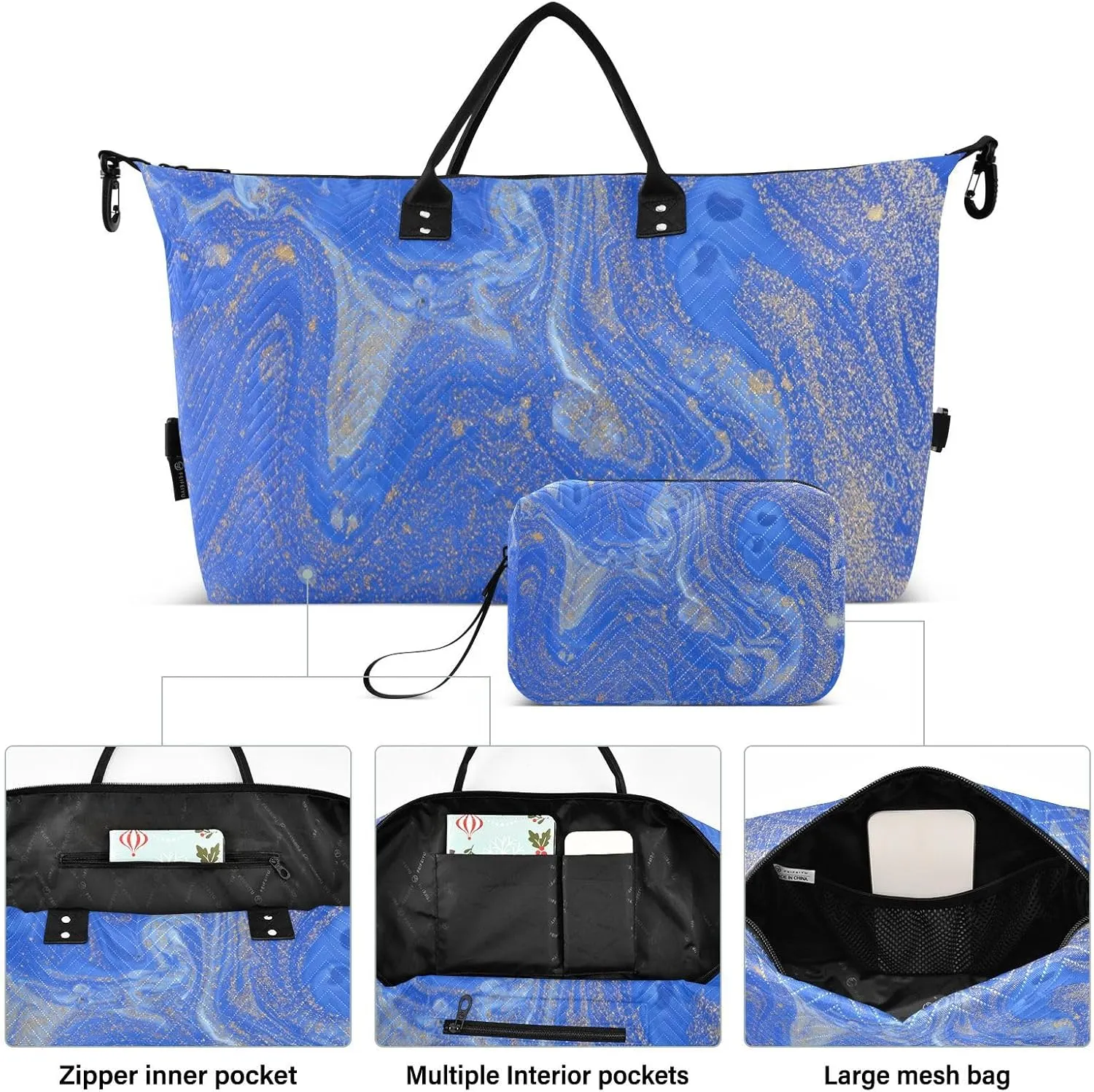 Aslsiy Travel Duffel Bags for Women Blue Golden Marble Texture Weekender Bags Sports Duffel Bags Gym Bag with Toiletry Bag Carry on Overnight Bag